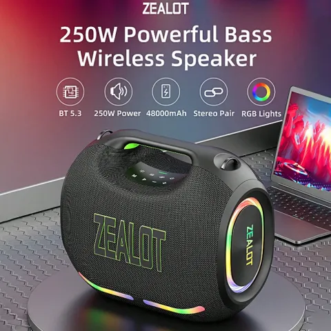 ZEALOT ZE21 Wireless Speaker 250W Outdoor Portable with RGB Color Lights 48000mAh Long Battery up to 18 Hours Play Time