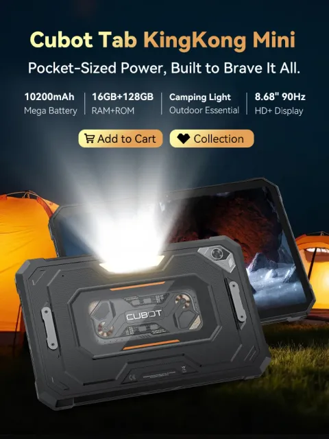 Android Tablet Cubot TAB KingKong Mini, 10200mAh Mega Battery 16GB(6+10),128GB, Camping Light, 8.68-inch Screen, 48MP Camera,GPS
