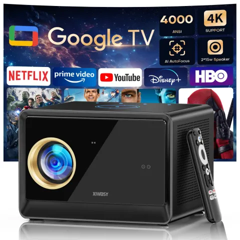 XIWBSY 4000ANSI Google TV Projector 4K Android 14.0 Sealed Optical Projector 52000Lumens WiFi6 Projector Google Voice As