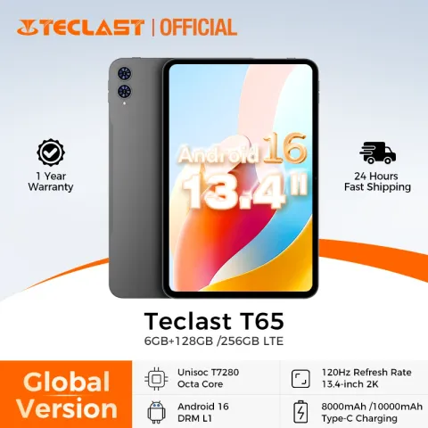 Teclast T65 13.4 Inches 2K 120Hz Screen Unisoc T7280 Octa Core Max 26G RAM 128GB ROM 8000mAh Battery Android 16 Tablets Dual SIM