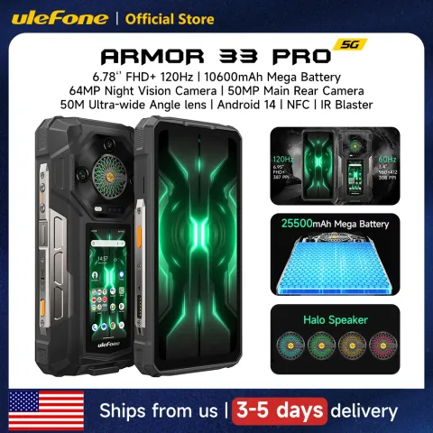 Ulefone Armor 33 Pro 5G Rugged Phone 25500 mAh 512GB ROM 120Hz 6.59"3.4" Rear Screen