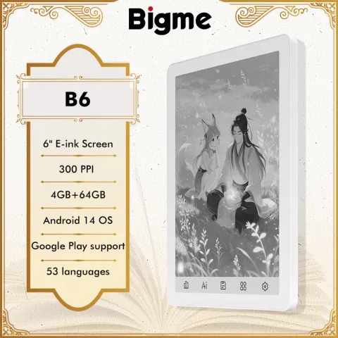 Bigme B6 Ebook Reader, 6'' B&W E-Ink Screen Electronic Book, 300PPI HD Display E-Reader, Android 14 OS, 4+64GB Paper-Lik