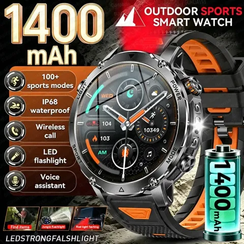 2026 Military 1400mAh Battery Smart Watch Men Outdoor SOS Flashlight IP68K Waterproof Heart Rate Blu
