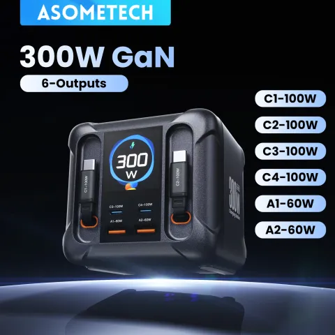 ASOMETECH 300W GaN USB Charger LED Display Retractable 100W 65W
